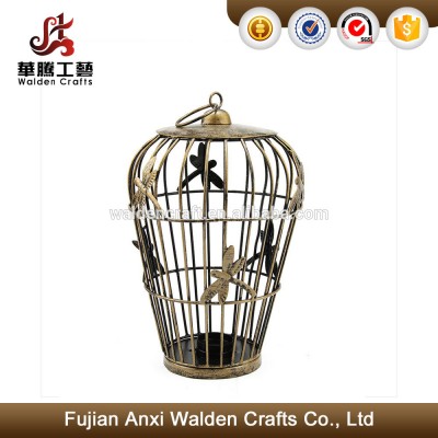 Decorative copper finish metal birdcage tea light candle holder lantern with dragonfly accents